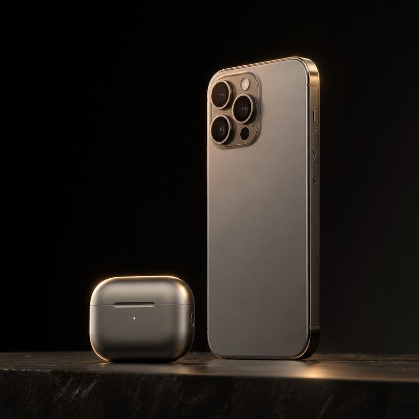 Smartphone premium e estojo de fones sem fio em acabamento titânio