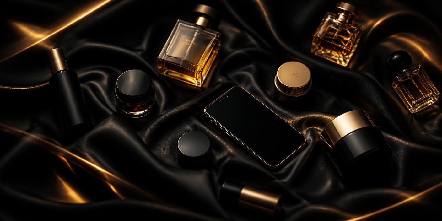 Perfumes, skincare e smartphone sobre seda preta com luz dourada